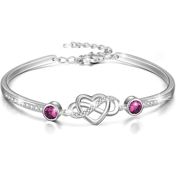 925 Sterling Silver Infinity Heart Birthstone Bangle Bracelet Adjustable for Wom - Picture 1 of 6